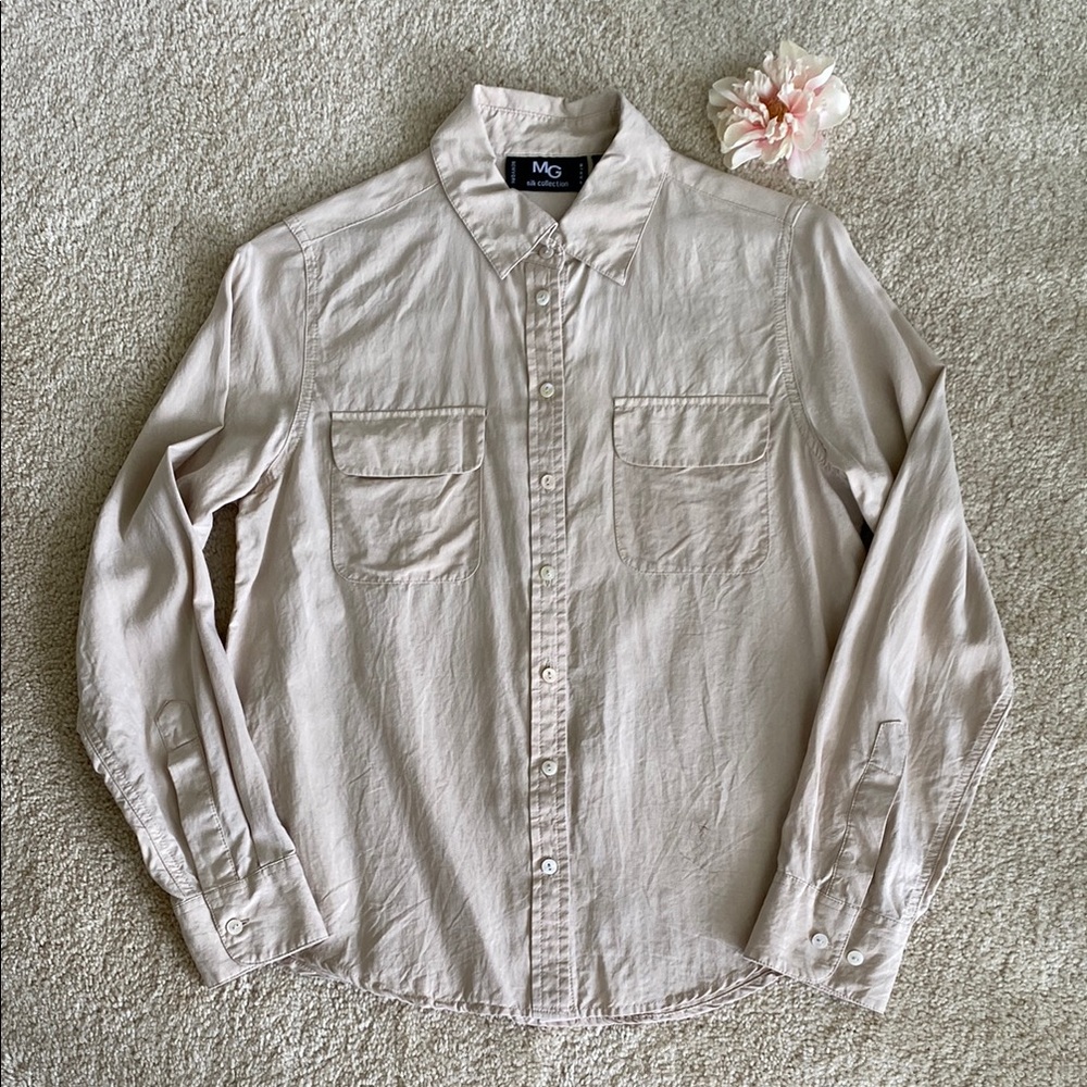 Women's vintage nude Button Down silk Shirt, M